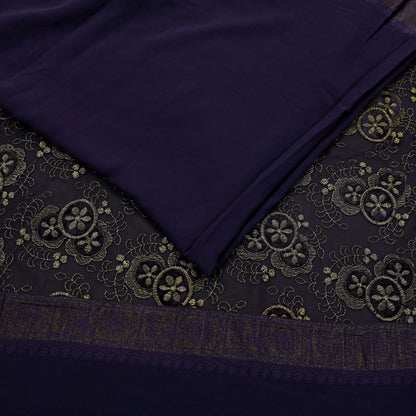 Indian Vintage Sari Purple Embroidered Pure Georgette Silk Sarees Craft Fabric 5Yd Ethnic Woven Zari Quilting Crafting Upcycle Dressmaking