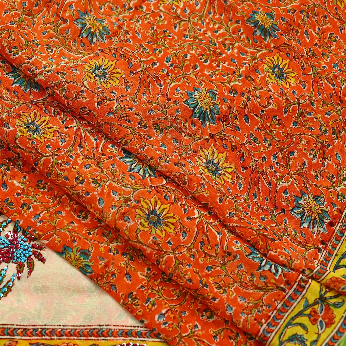 Indian Vintage Sari Hand Embroidered Printed 100% Pure Georgette Silk Saree Craft Fabric 5Yd Ethnic Soft Dress making For Crafting Quilting