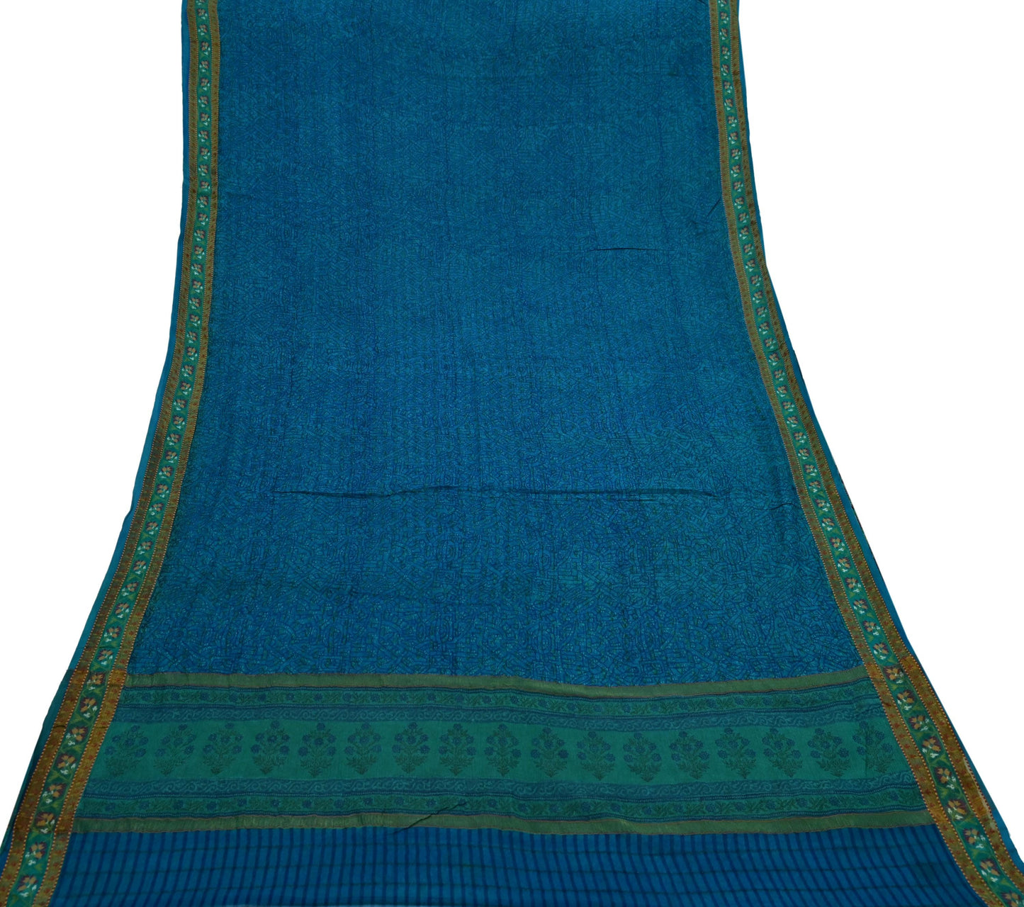 Women Vintage Sari Blue Pure Georgette Silk Printed Saree Craft Fabric Sewing 5Yard Soft Light Dress Making Floral Zari