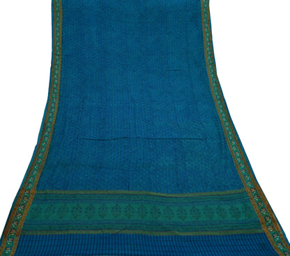 Women Vintage Sari Blue Pure Georgette Silk Printed Saree Craft Fabric Sewing 5Yard Soft Light Dress Making Floral Zari