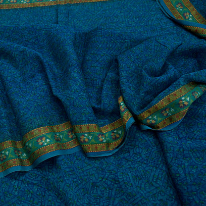 Women Vintage Sari Blue Pure Georgette Silk Printed Saree Craft Fabric Sewing 5Yard Soft Light Dress Making Floral Zari