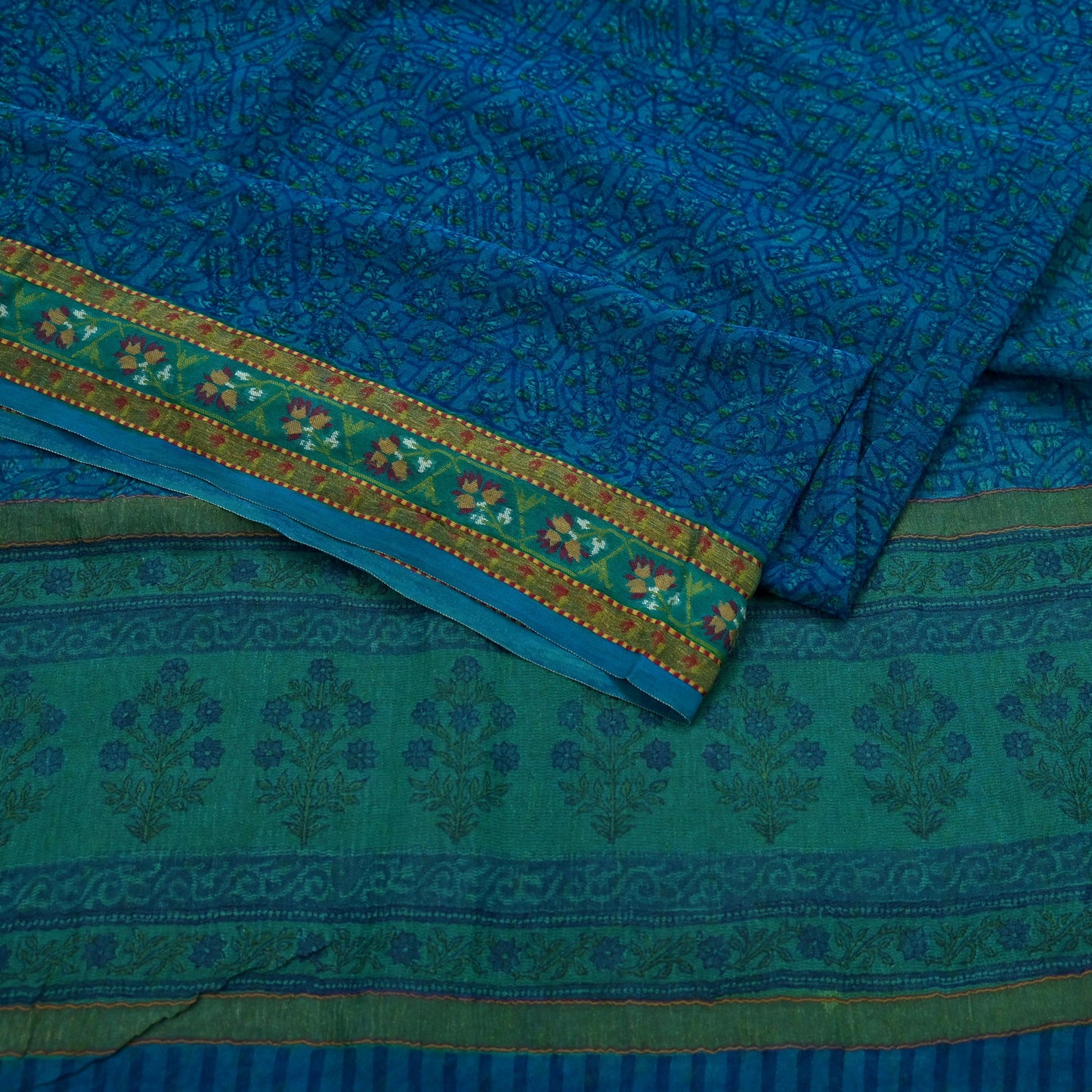 Women Vintage Sari Blue Pure Georgette Silk Printed Saree Craft Fabric Sewing 5Yard Soft Light Dress Making Floral Zari