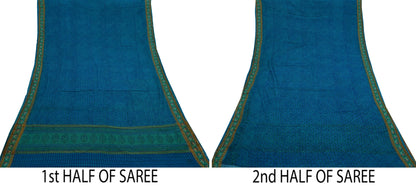 Women Vintage Sari Blue Pure Georgette Silk Printed Saree Craft Fabric Sewing 5Yard Soft Light Dress Making Floral Zari