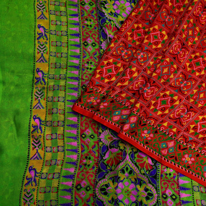 Indian Vintage Red & Green Pure Silk Printed Saree 5 Yards Soft Floral Fabric for Dressmaking, Quilting, Crafting, Sewing, Dress Making