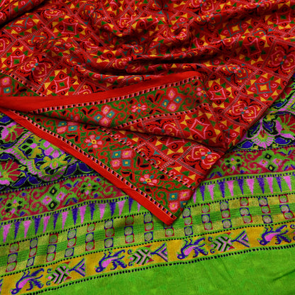 Indian Vintage Red & Green Pure Silk Printed Saree 5 Yards Soft Floral Fabric for Dressmaking, Quilting, Crafting, Sewing, Dress Making