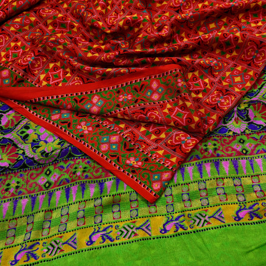 Indian Vintage Red & Green Pure Silk Printed Saree 5 Yards Soft Floral Fabric for Dressmaking, Quilting, Crafting, Sewing, Dress Making