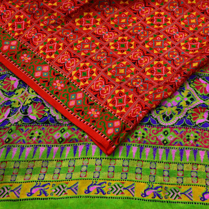 Indian Vintage Red & Green Pure Silk Printed Saree 5 Yards Soft Floral Fabric for Dressmaking, Quilting, Crafting, Sewing, Dress Making
