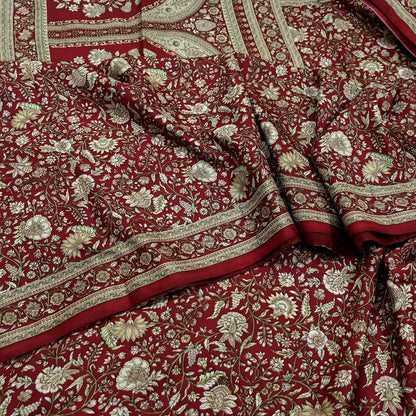 Indian Vintage Maroon Pure Silk Printed Saree 6 Yards Soft Floral Fabric Dressmaking, Quilting, Crafting, Sewing & Upcycling Dress Making