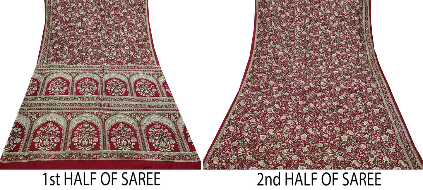 Indian Vintage Maroon Pure Silk Printed Saree 6 Yards Soft Floral Fabric Dressmaking, Quilting, Crafting, Sewing & Upcycling Dress Making