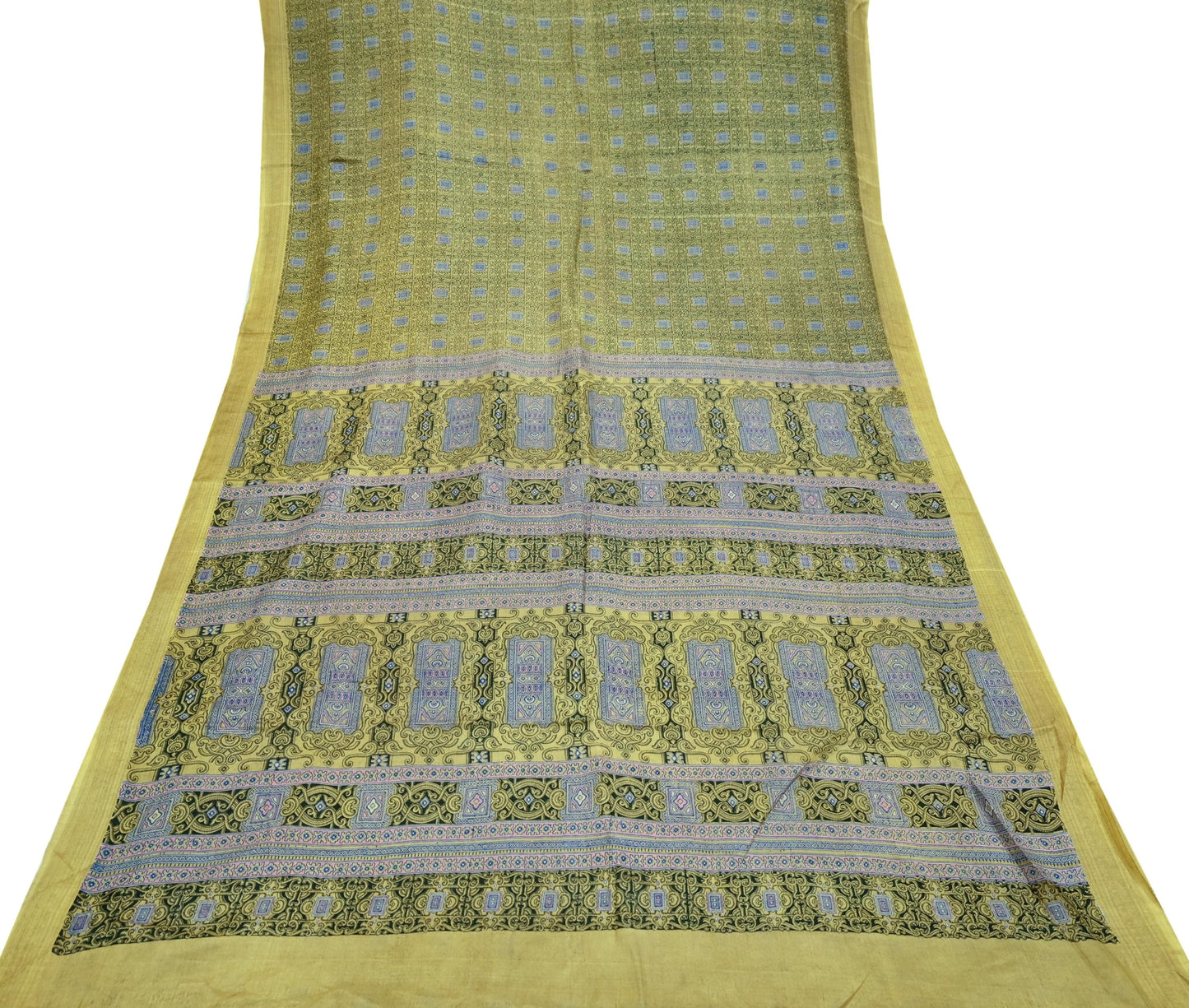 Vintage Sari Green Pure Silk Printed Saree Fabric 6yard Sewing Soft Dress Designing for Crafting Quilting Upcycle Soft Border