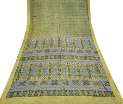 Vintage Sari Green Pure Silk Printed Saree Fabric 6yard Sewing Soft Dress Designing for Crafting Quilting Upcycle Soft Border