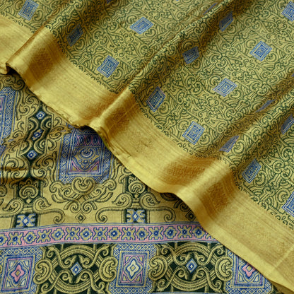 Vintage Sari Green Pure Silk Printed Saree Fabric 6yard Sewing Soft Dress Designing for Crafting Quilting Upcycle Soft Border