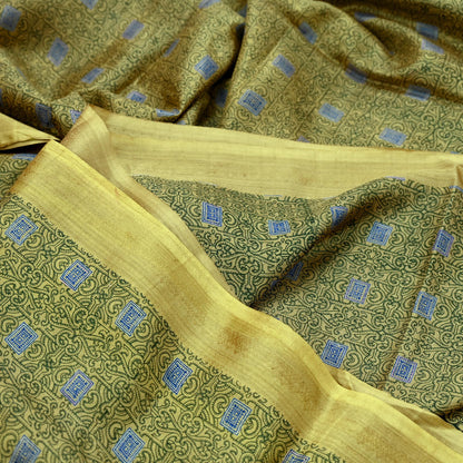 Vintage Sari Green Pure Silk Printed Saree Fabric 6yard Sewing Soft Dress Designing for Crafting Quilting Upcycle Soft Border