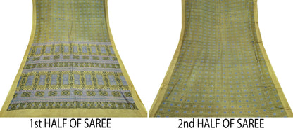 Vintage Sari Green Pure Silk Printed Saree Fabric 6yard Sewing Soft Dress Designing for Crafting Quilting Upcycle Soft Border