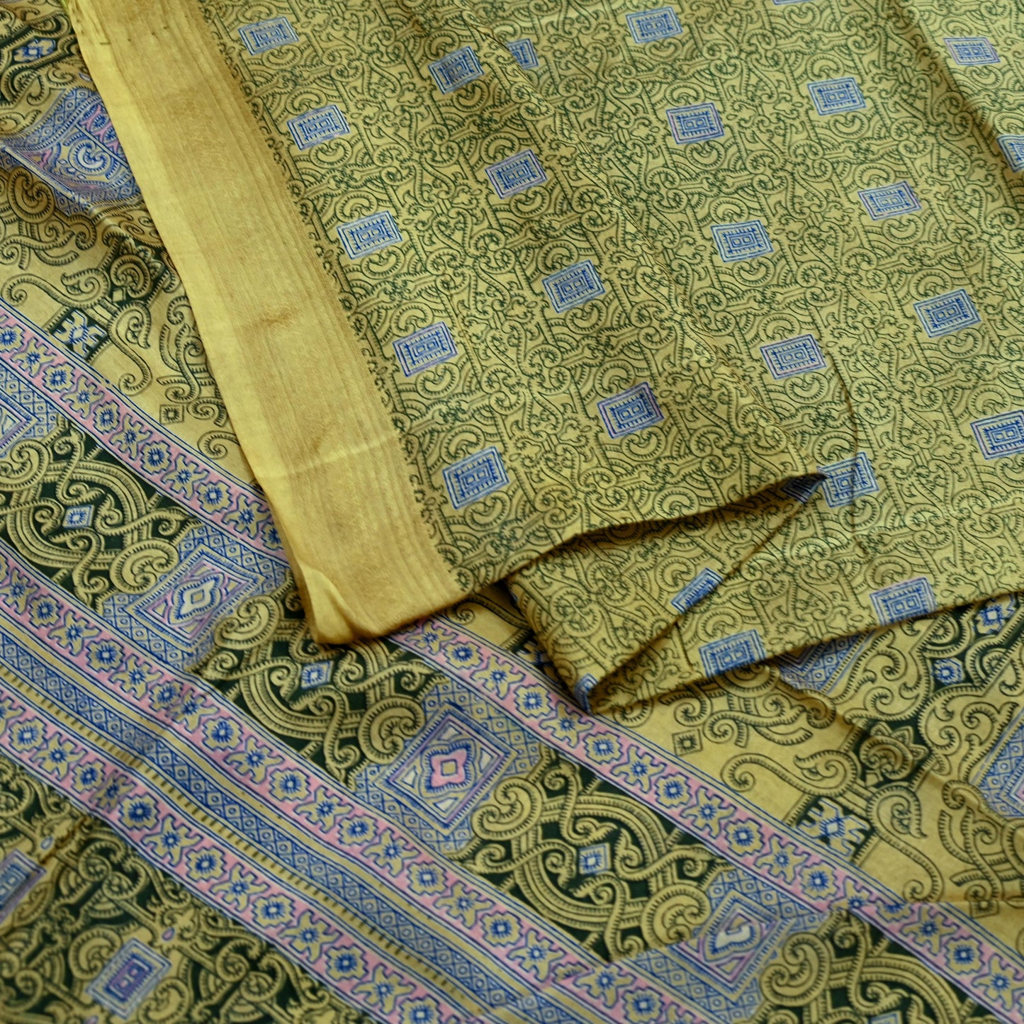 Vintage Sari Green Pure Silk Printed Saree Fabric 6yard Sewing Soft Dress Designing for Crafting Quilting Upcycle Soft Border