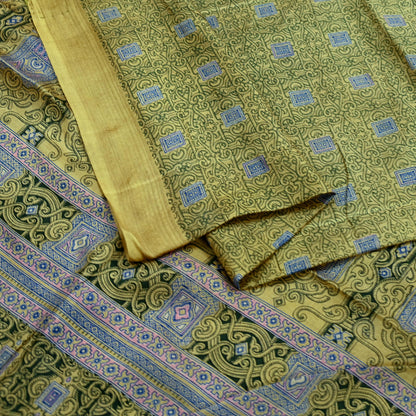 Vintage Sari Green Pure Silk Printed Saree Fabric 6yard Sewing Soft Dress Designing for Crafting Quilting Upcycle Soft Border
