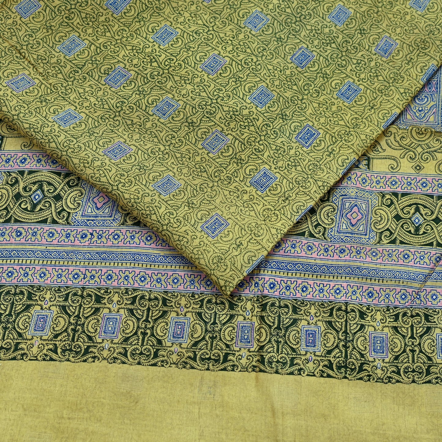 Vintage Sari Green Pure Silk Printed Saree Fabric 6yard Sewing Soft Dress Designing for Crafting Quilting Upcycle Soft Border