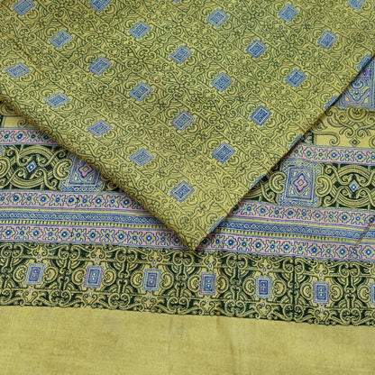 Vintage Sari Green Pure Silk Printed Saree Fabric 6yard Sewing Soft Dress Designing for Crafting Quilting Upcycle Soft Border