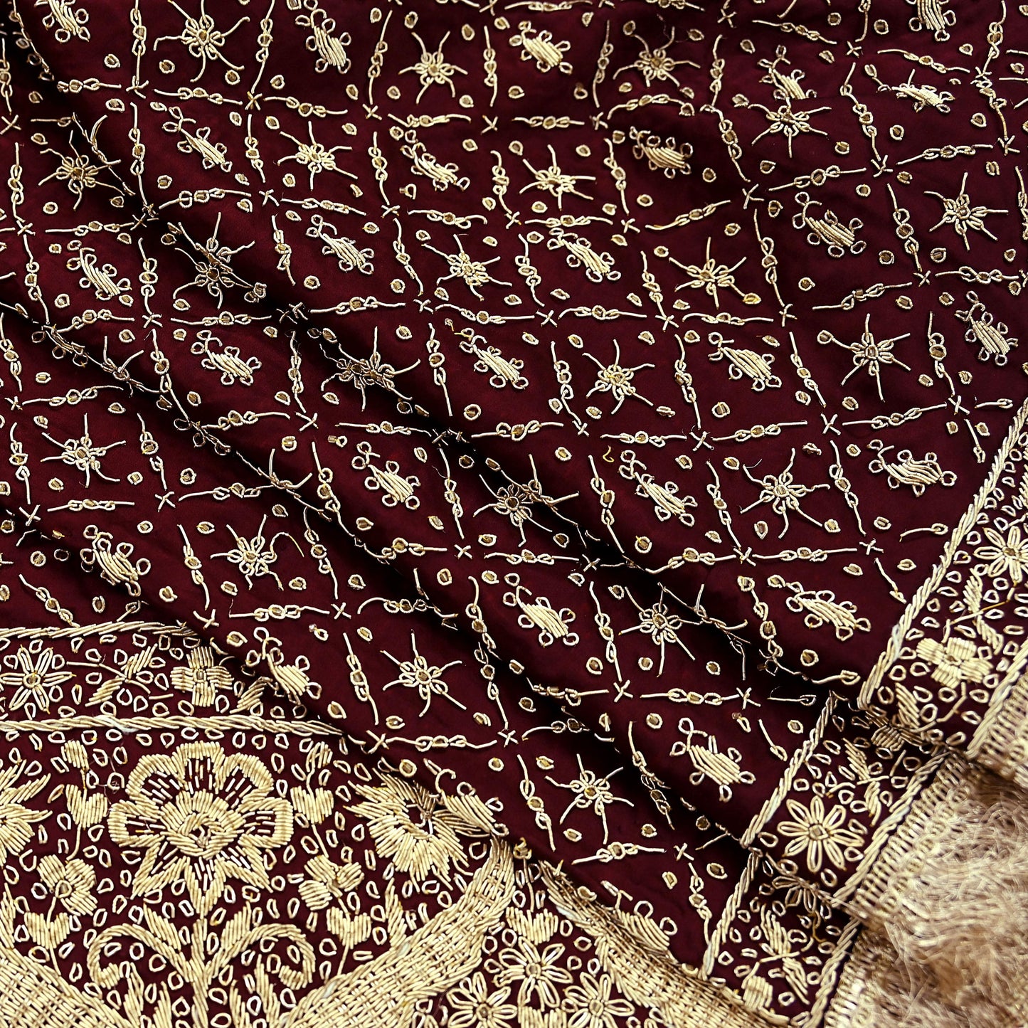 Indian Vintage Heavy Wedding Maroon Dupatta Pure Satin Silk Long Stole Hand Embroidered Scarves Golden Zardozi Stole Fringes Bridal veil