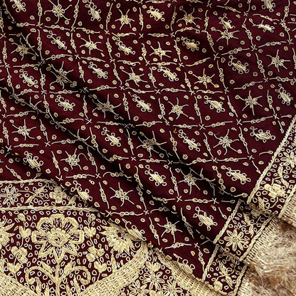 Indian Vintage Heavy Wedding Maroon Dupatta Pure Satin Silk Long Stole Hand Embroidered Scarves Golden Zardozi Stole Fringes Bridal veil