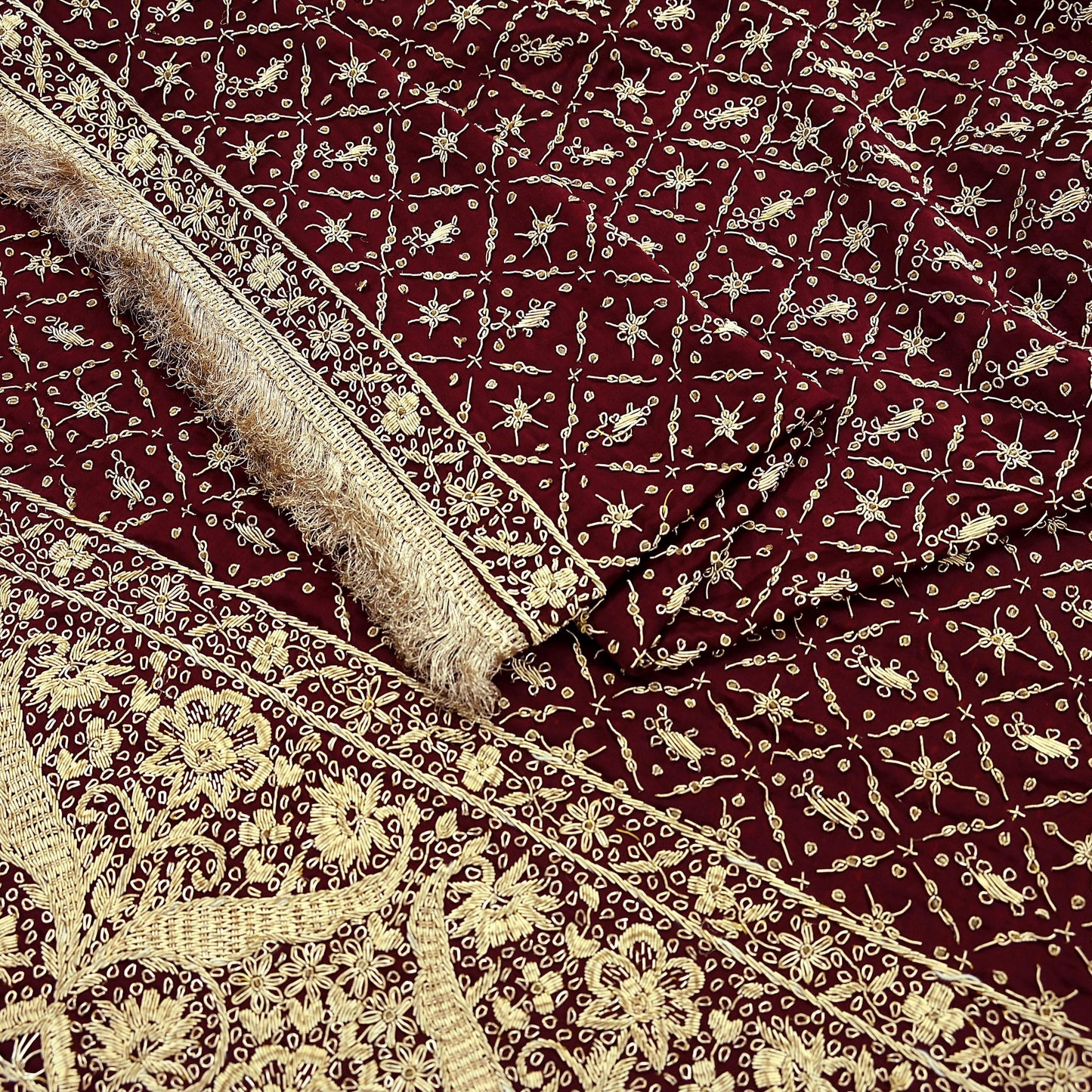 Indian Vintage Heavy Wedding Maroon Dupatta Pure Satin Silk Long Stole Hand Embroidered Scarves Golden Zardozi Stole Fringes Bridal veil