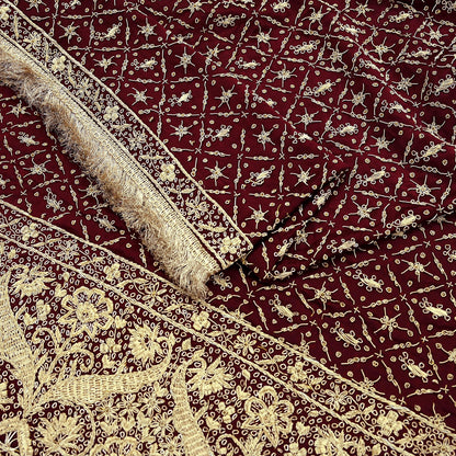 Indian Vintage Heavy Wedding Maroon Dupatta Pure Satin Silk Long Stole Hand Embroidered Scarves Golden Zardozi Stole Fringes Bridal veil