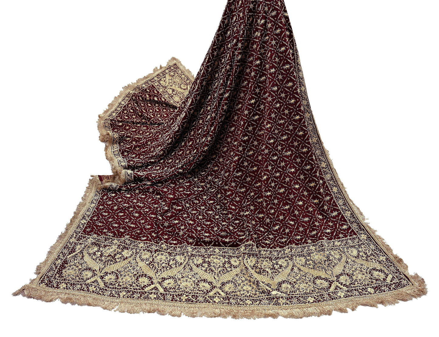 Indian Vintage Heavy Wedding Maroon Dupatta Pure Satin Silk Long Stole Hand Embroidered Scarves Golden Zardozi Stole Fringes Bridal veil