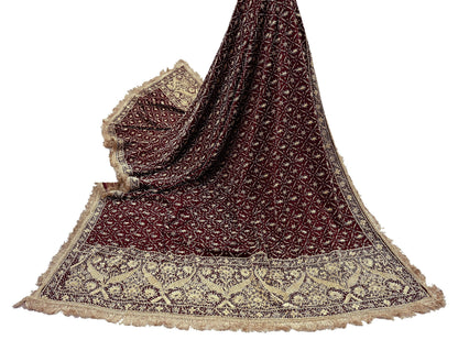 Indian Vintage Heavy Wedding Maroon Dupatta Pure Satin Silk Long Stole Hand Embroidered Scarves Golden Zardozi Stole Fringes Bridal veil