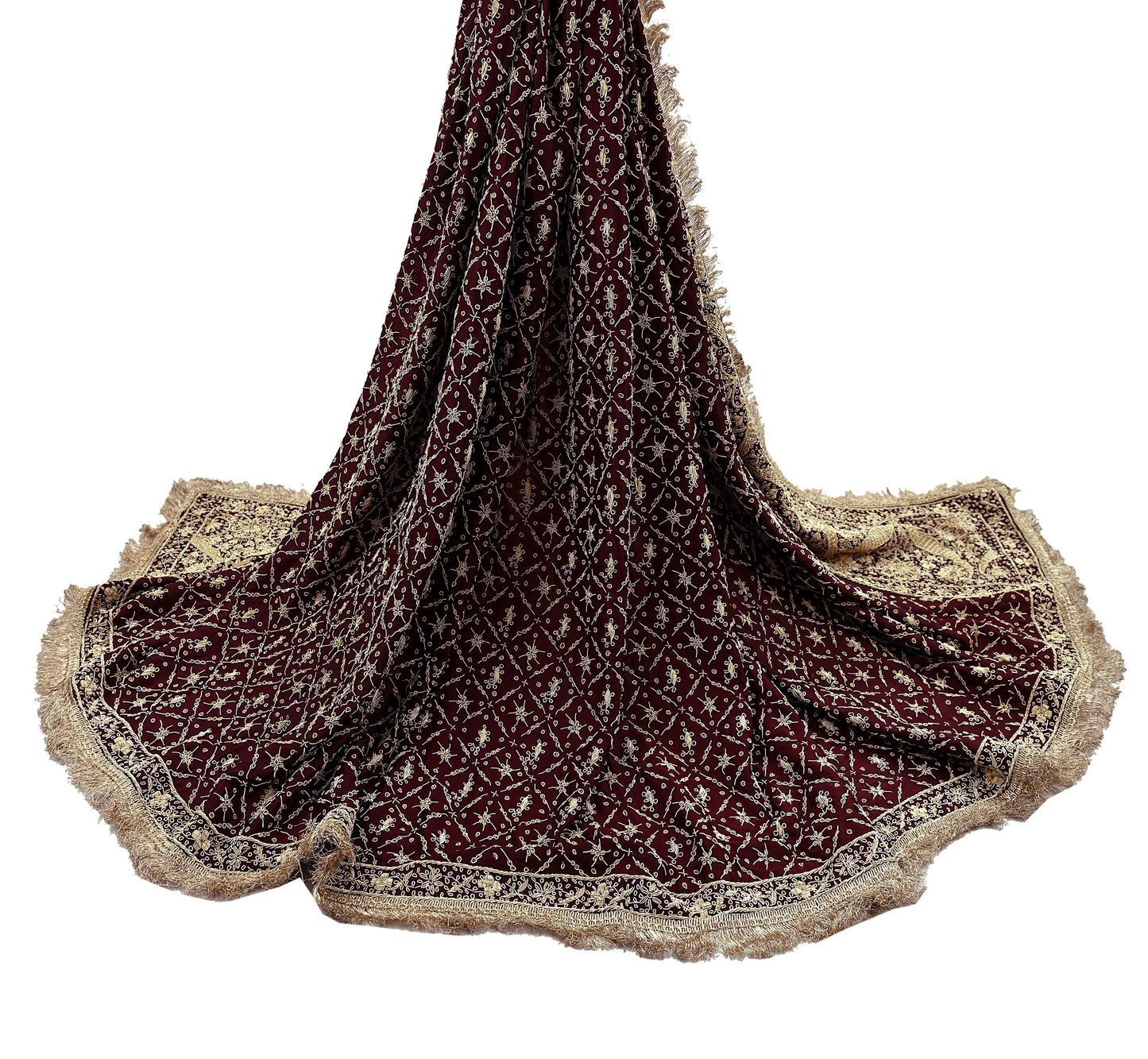 Indian Vintage Heavy Wedding Maroon Dupatta Pure Satin Silk Long Stole Hand Embroidered Scarves Golden Zardozi Stole Fringes Bridal veil