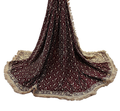 Indian Vintage Heavy Wedding Maroon Dupatta Pure Satin Silk Long Stole Hand Embroidered Scarves Golden Zardozi Stole Fringes Bridal veil