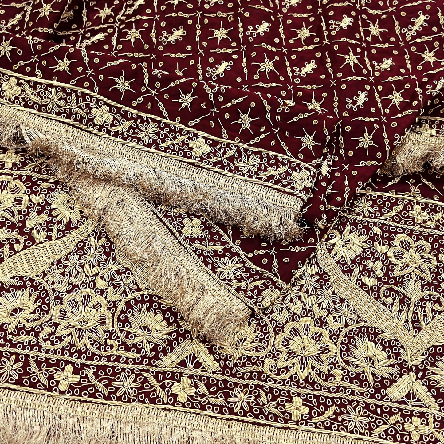 Indian Vintage Heavy Wedding Maroon Dupatta Pure Satin Silk Long Stole Hand Embroidered Scarves Golden Zardozi Stole Fringes Bridal veil