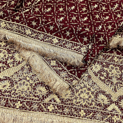 Indian Vintage Heavy Wedding Maroon Dupatta Pure Satin Silk Long Stole Hand Embroidered Scarves Golden Zardozi Stole Fringes Bridal veil