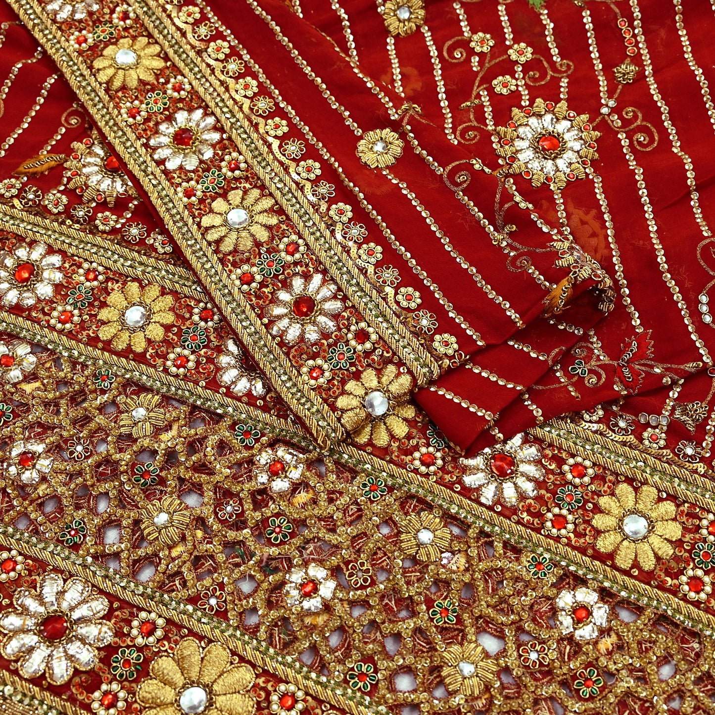 Indian Pre-owned Heavy Red Pure Georgette Silk Hand Embroidered Dupatta Designer By Manish Malhotra Bridal Wear Dabka Zardozi Veil Hijab
