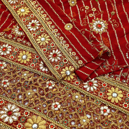 Indian Pre-owned Heavy Red Pure Georgette Silk Hand Embroidered Dupatta Designer By Manish Malhotra Bridal Wear Dabka Zardozi Veil Hijab