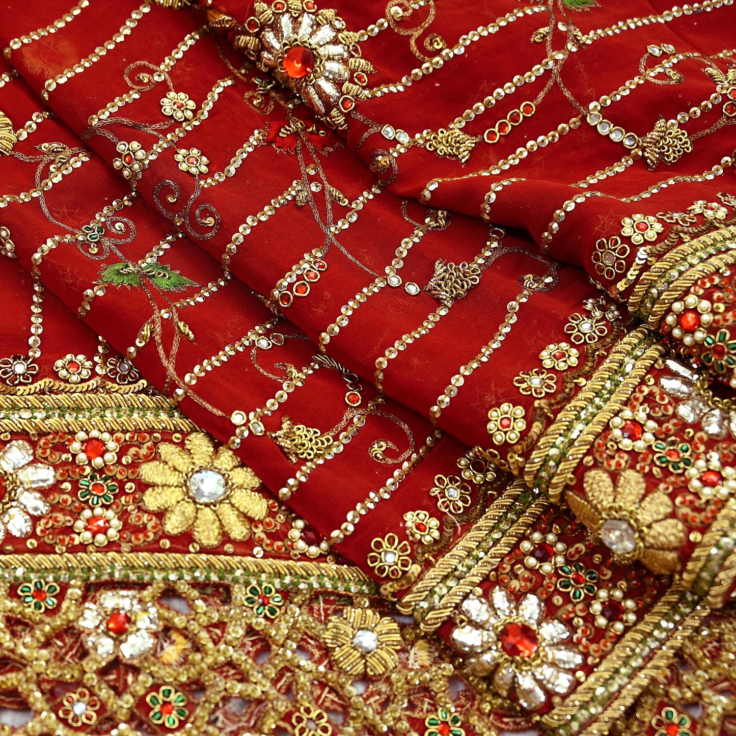 Indian Pre-owned Heavy Red Pure Georgette Silk Hand Embroidered Dupatta Designer By Manish Malhotra Bridal Wear Dabka Zardozi Veil Hijab