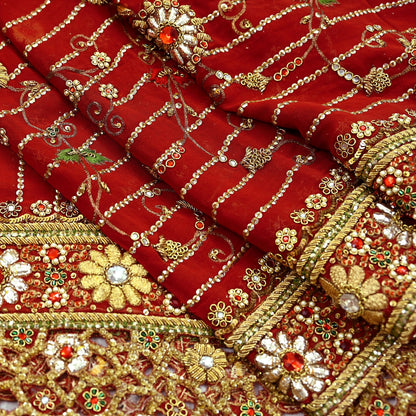 Indian Pre-owned Heavy Red Pure Georgette Silk Hand Embroidered Dupatta Designer By Manish Malhotra Bridal Wear Dabka Zardozi Veil Hijab