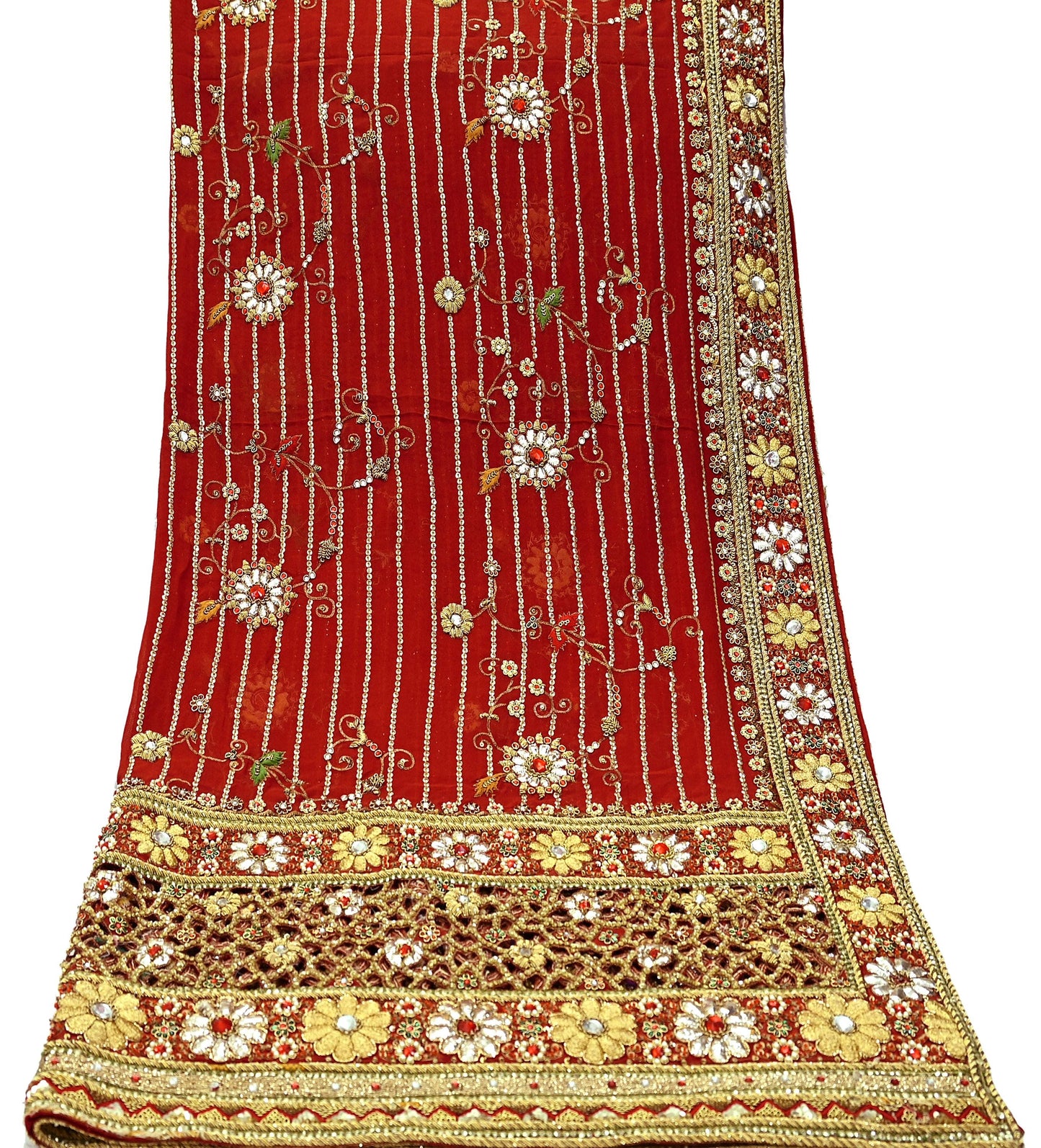Indian Pre-owned Heavy Red Pure Georgette Silk Hand Embroidered Dupatta Designer By Manish Malhotra Bridal Wear Dabka Zardozi Veil Hijab
