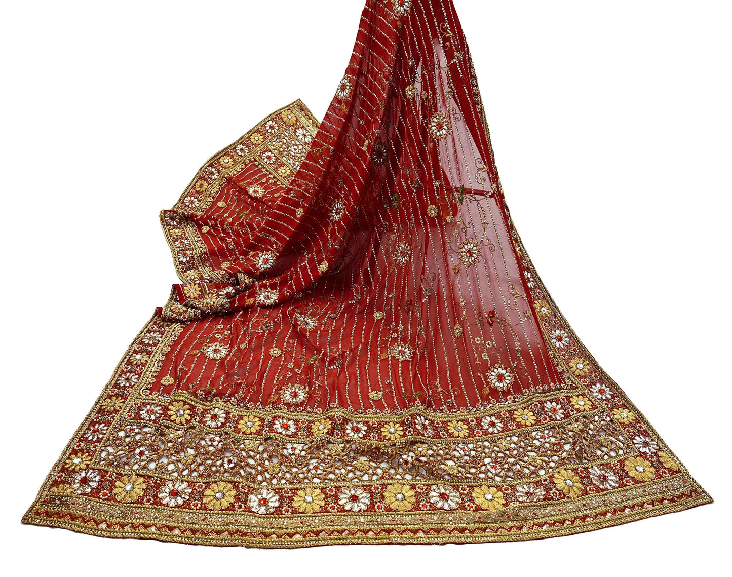 Indian Pre-owned Heavy Red Pure Georgette Silk Hand Embroidered Dupatta Designer By Manish Malhotra Bridal Wear Dabka Zardozi Veil Hijab
