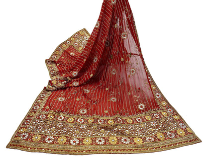 Indian Pre-owned Heavy Red Pure Georgette Silk Hand Embroidered Dupatta Designer By Manish Malhotra Bridal Wear Dabka Zardozi Veil Hijab