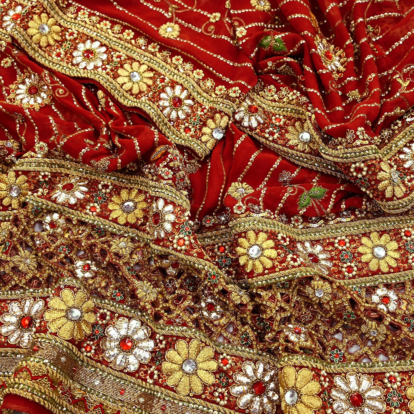 Indian Pre-owned Heavy Red Pure Georgette Silk Hand Embroidered Dupatta Designer By Manish Malhotra Bridal Wear Dabka Zardozi Veil Hijab