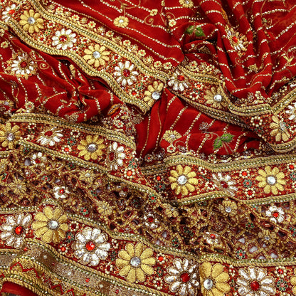 Indian Pre-owned Heavy Red Pure Georgette Silk Hand Embroidered Dupatta Designer By Manish Malhotra Bridal Wear Dabka Zardozi Veil Hijab