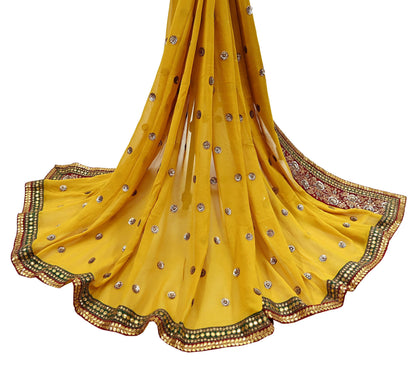 Indian Vintage Heavy Dupatta Yellow Pure Georgette Silk Stole Hand Embroidered By Designer Sabyasachi Scarves Zardozi Bridal Veil