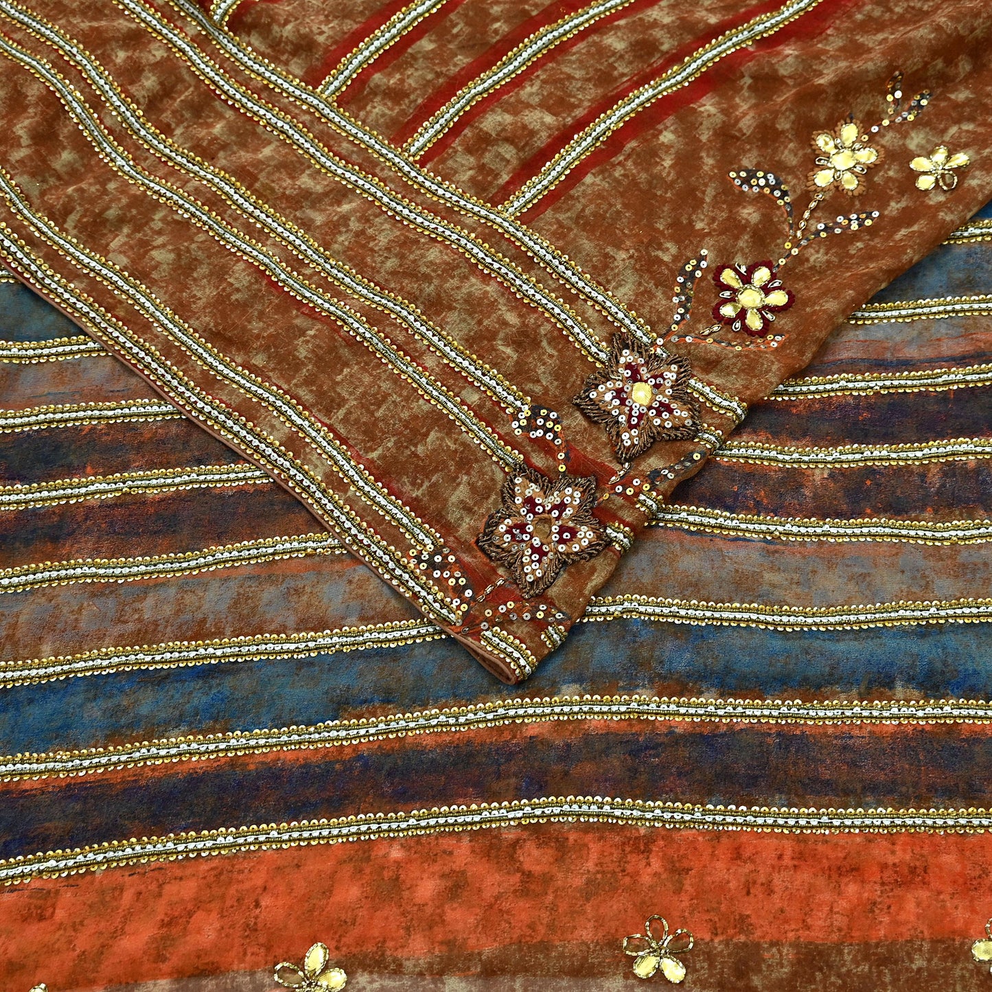 Indian Vintage Heavy Sarees Brown Pure Georgette Silk Hand Embroidered Sari Fabric 5Yd Sewing Ethnic Zardozi/dabka zari Wedding sarees