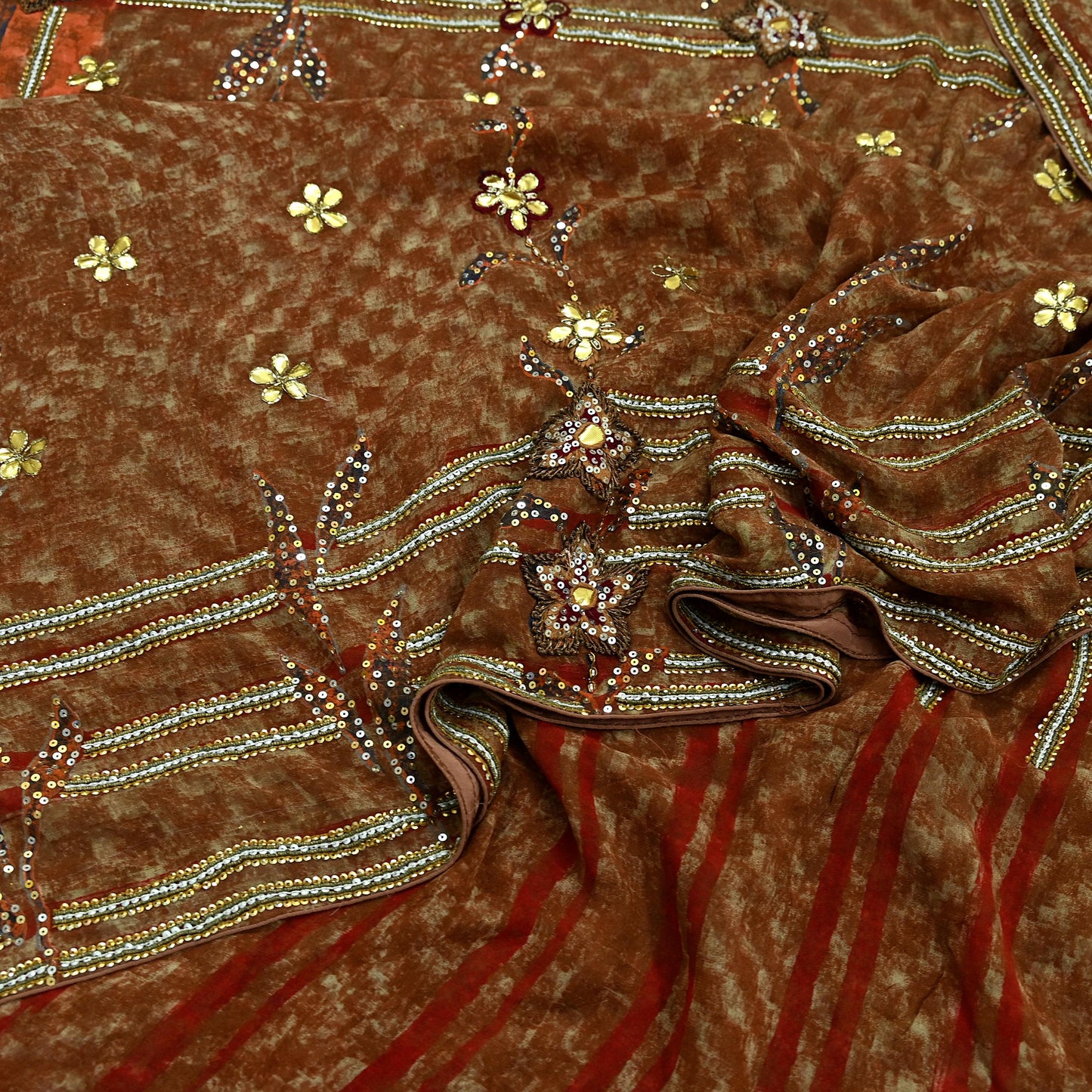 Indian Vintage Heavy Sarees Brown Pure Georgette Silk Hand Embroidered Sari Fabric 5Yd Sewing Ethnic Zardozi/dabka zari Wedding sarees
