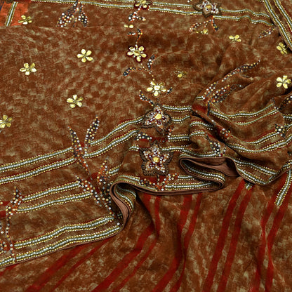 Indian Vintage Heavy Sarees Brown Pure Georgette Silk Hand Embroidered Sari Fabric 5Yd Sewing Ethnic Zardozi/dabka zari Wedding sarees