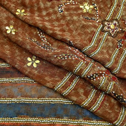 Indian Vintage Heavy Sarees Brown Pure Georgette Silk Hand Embroidered Sari Fabric 5Yd Sewing Ethnic Zardozi/dabka zari Wedding sarees