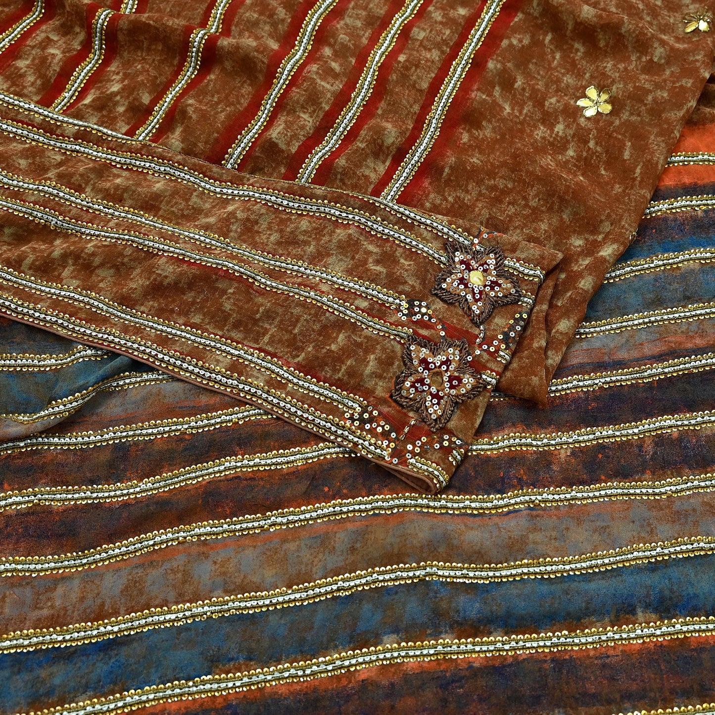 Indian Vintage Heavy Sarees Brown Pure Georgette Silk Hand Embroidered Sari Fabric 5Yd Sewing Ethnic Zardozi/dabka zari Wedding sarees