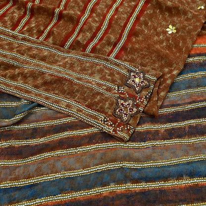 Indian Vintage Heavy Sarees Brown Pure Georgette Silk Hand Embroidered Sari Fabric 5Yd Sewing Ethnic Zardozi/dabka zari Wedding sarees