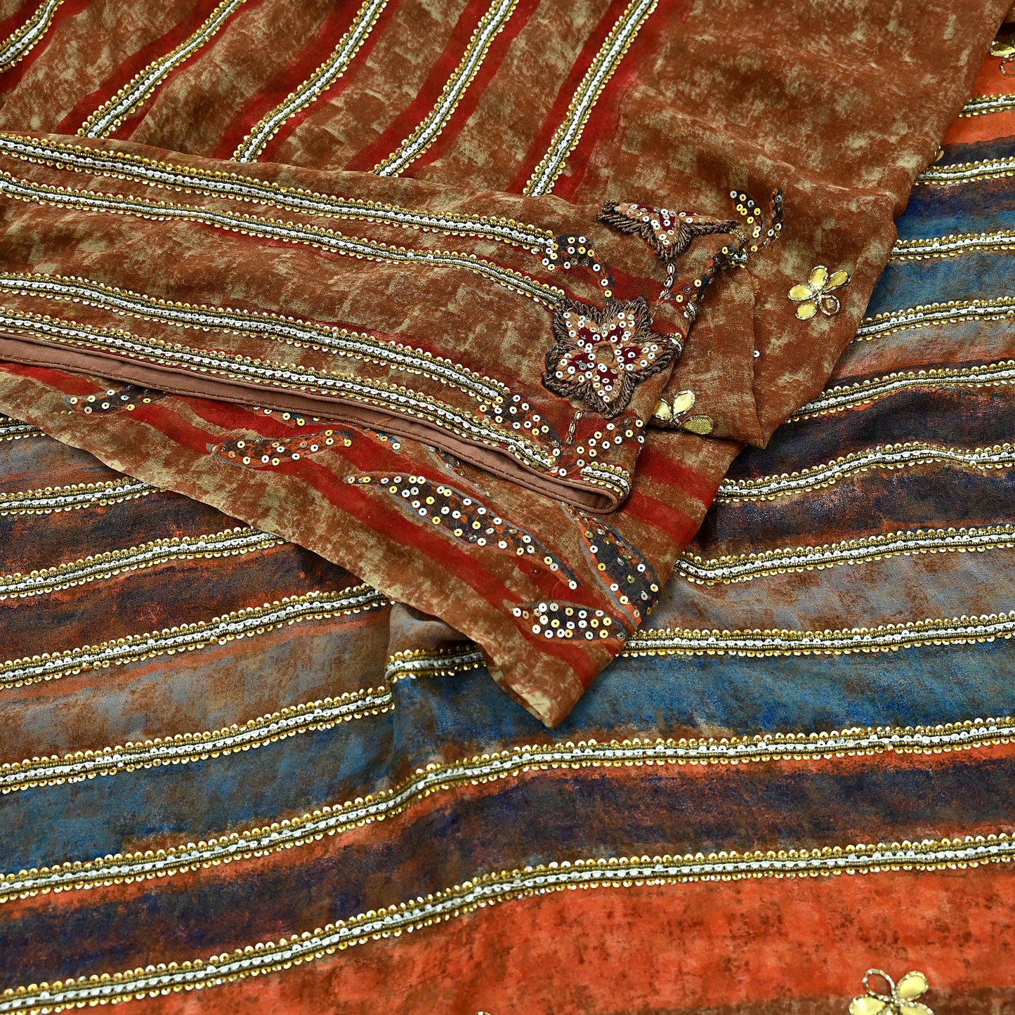 Indian Vintage Heavy Sarees Brown Pure Georgette Silk Hand Embroidered Sari Fabric 5Yd Sewing Ethnic Zardozi/dabka zari Wedding sarees