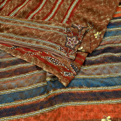 Indian Vintage Heavy Sarees Brown Pure Georgette Silk Hand Embroidered Sari Fabric 5Yd Sewing Ethnic Zardozi/dabka zari Wedding sarees